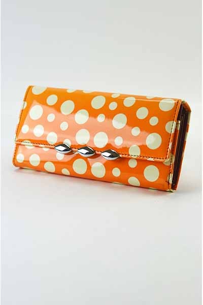 Stylish Dotted Wallet with snap closure and detachable shoulder strap, featuring inner zipper pocket and credit card slots.