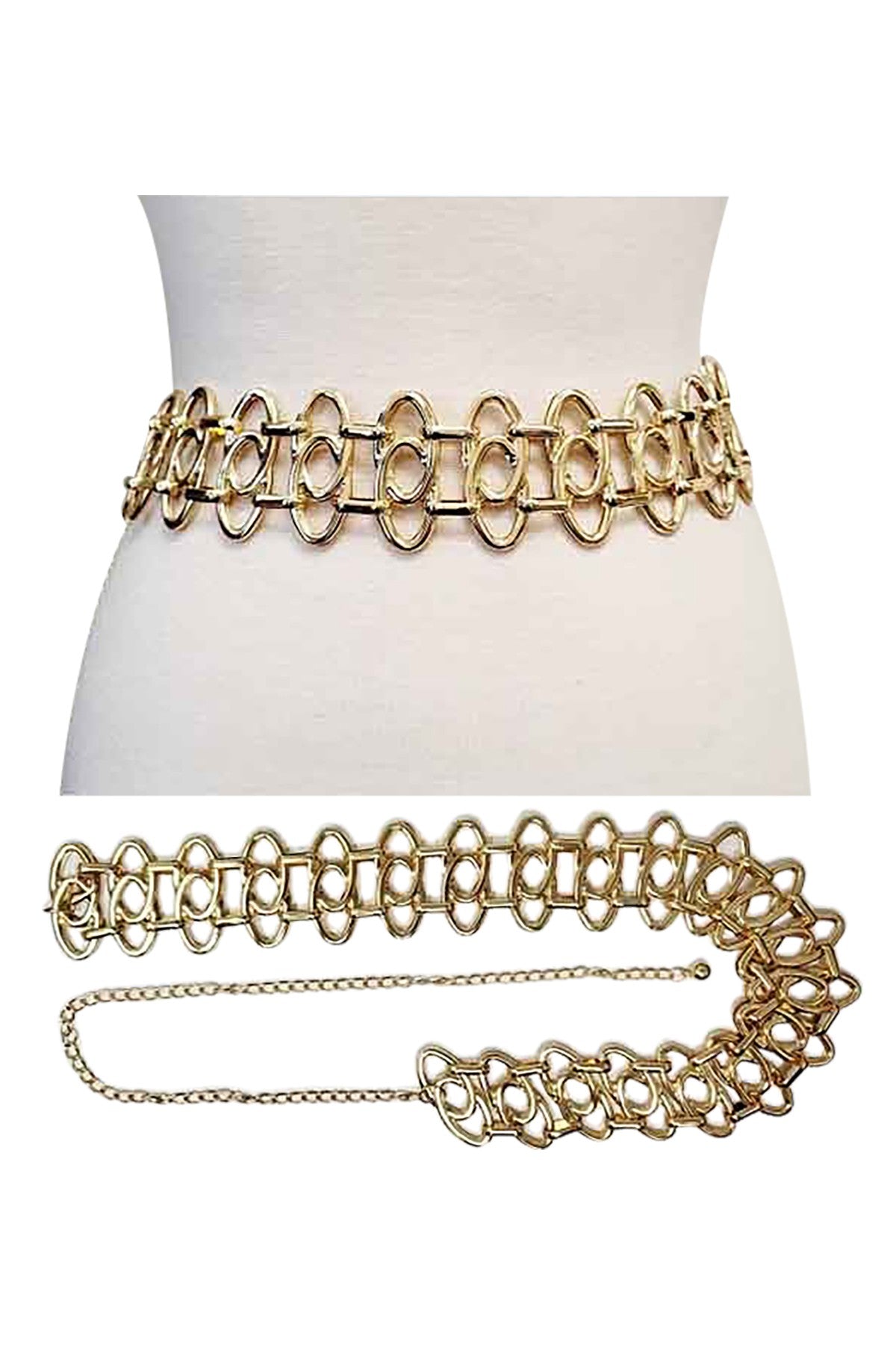 A stylish Double Oval Link Chain Belt featuring a unique design with a lobster claw clasp and an adjustable extender.