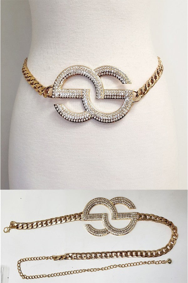 Double Round Rhinestone Buckle Chain Belt with sparkling rhinestones and lobster claw clasp, showcasing its elegant design.