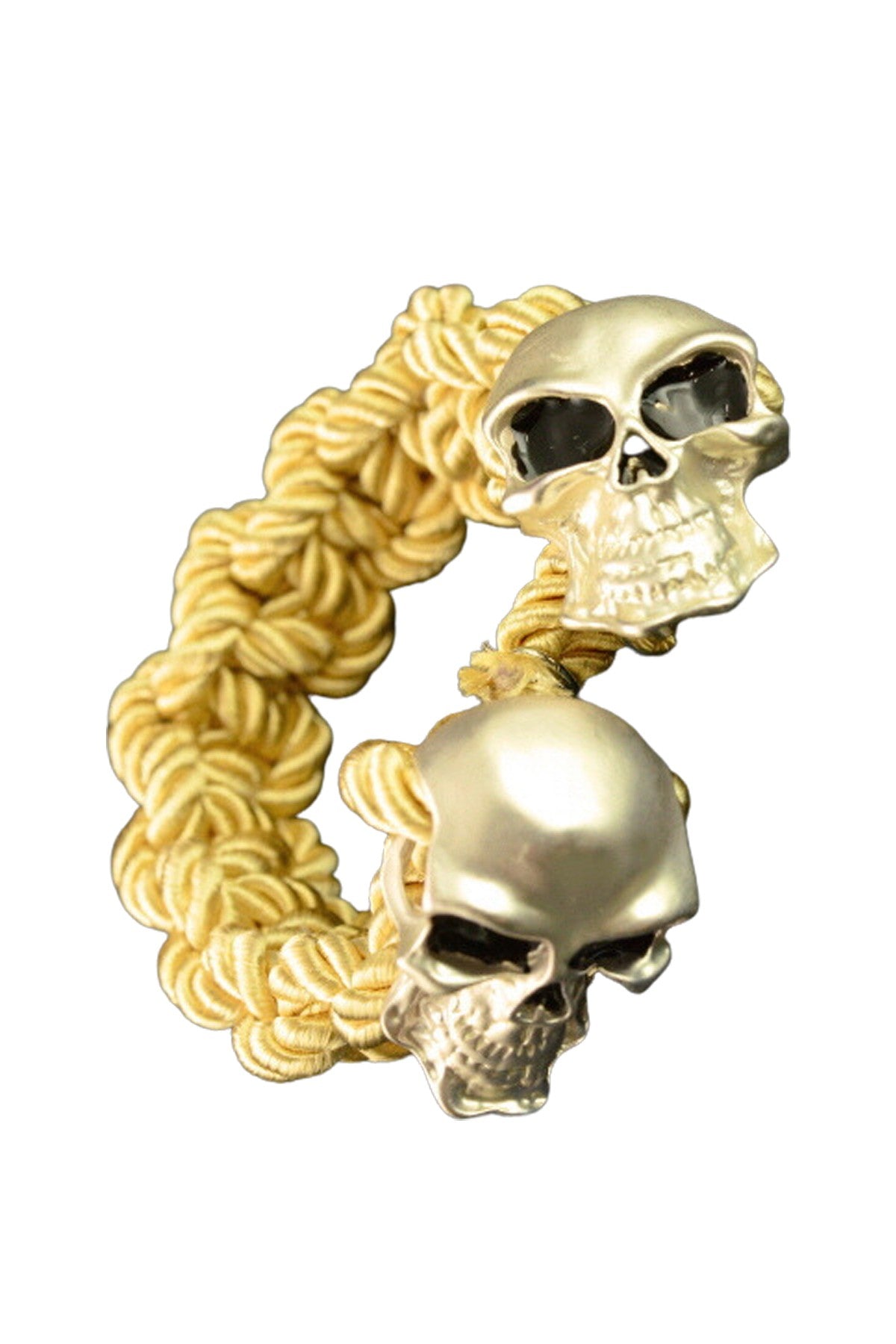 Double SKULL Bracelet featuring gold and silver tone hardware with a toggle clasp, showcasing a unique double skull design.