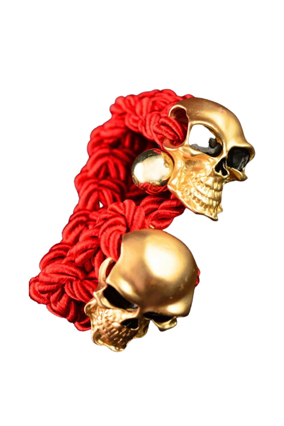 Double SKULL Bracelet featuring gold and silver tone hardware with a toggle clasp, showcasing a unique double skull design.