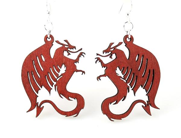 A pair of cherry red dragon earrings made from sustainably sourced wood, featuring intricate laser-cut designs and hypoallergenic stainless steel ear wires.