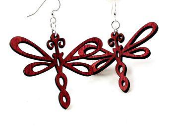 A pair of vibrant Cherry Red Dragonfly Earrings made from sustainably sourced wood, featuring intricate laser-cut designs and hypoallergenic stainless steel ear wires.