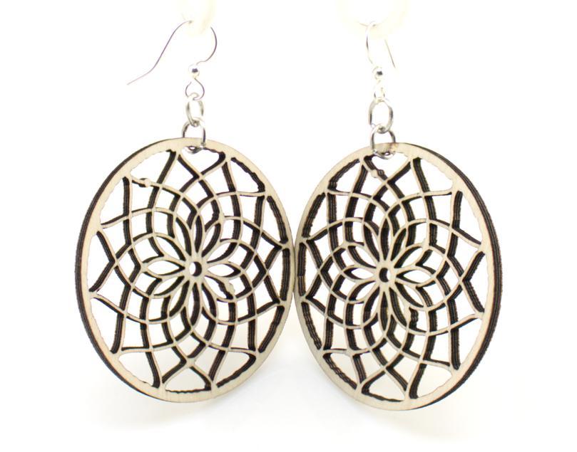 Dreamcatcher Earrings #1517 made from sustainably sourced wood, featuring a lightweight laser-cut design and hypoallergenic stainless steel ear wires.