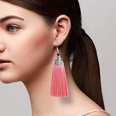 Drop thread long tassel earrings for women, featuring a peach color and boho design, made from high-quality thread.