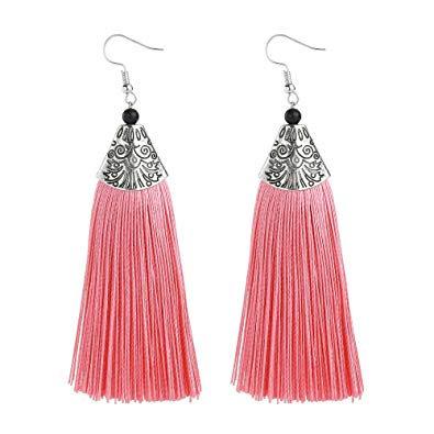 Drop thread long tassel earrings for women, featuring a peach color and boho design, made from high-quality thread.