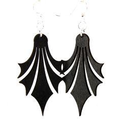 Dropped Point Earrings #1113 made from sustainably sourced wood, featuring a unique geometric design in black satin color.