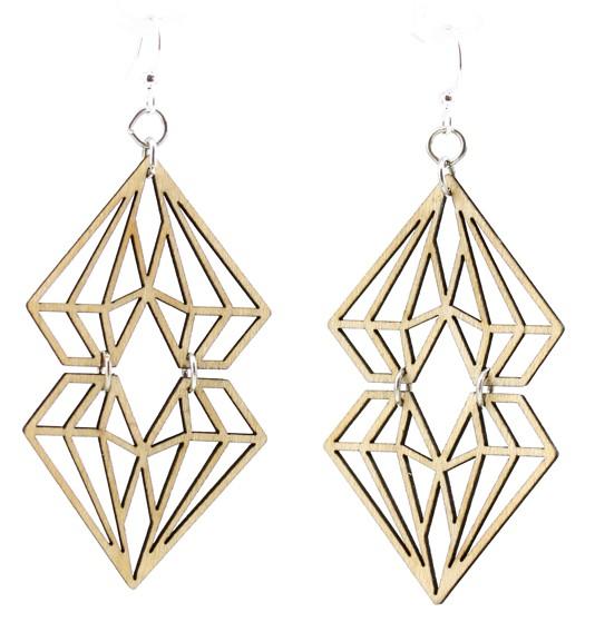 Dueling Diamonds Earrings #1586 featuring a laser-cut wood design with natural finish and hypoallergenic stainless steel ear wires.