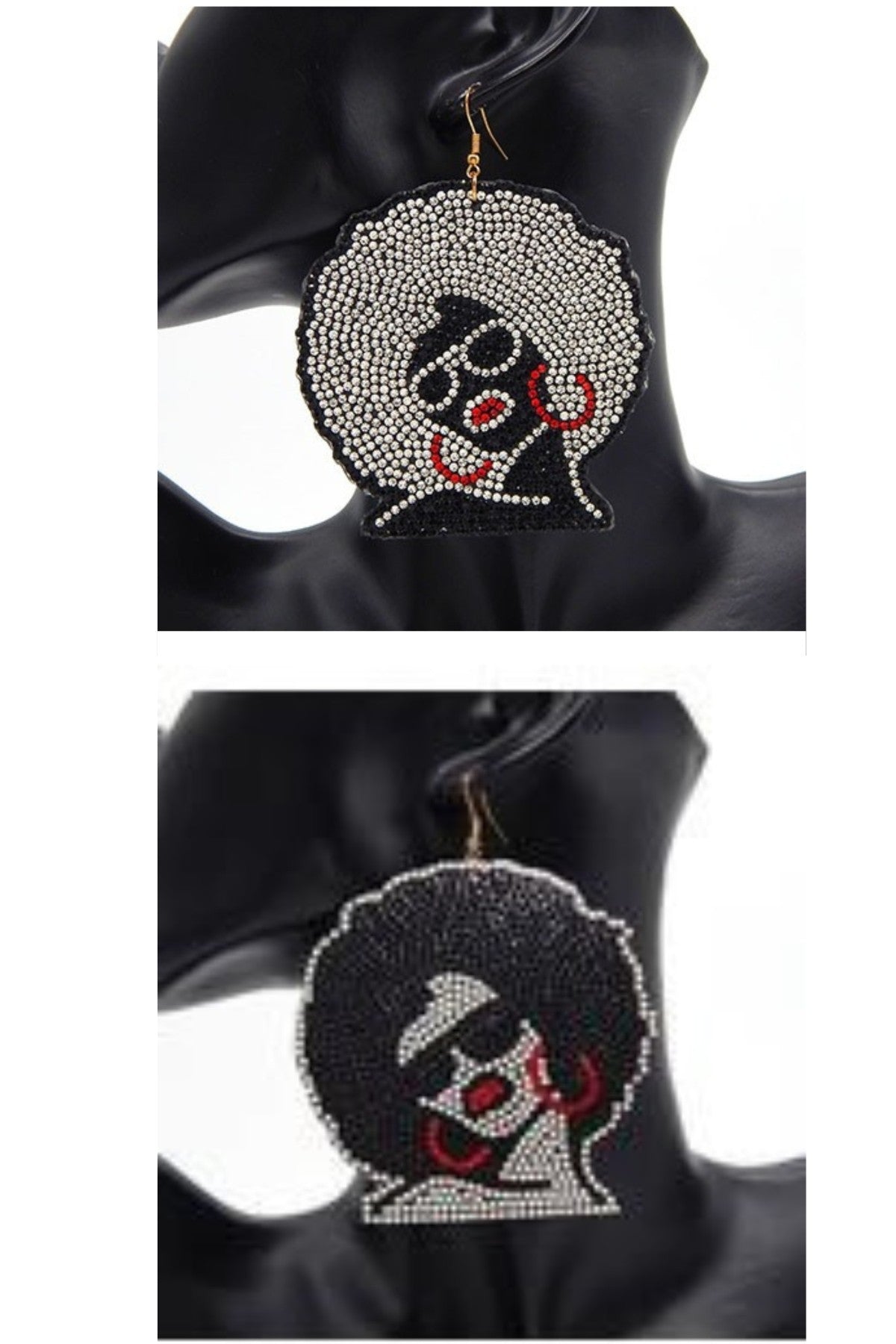 Earring Afro Lady Rhinestone featuring a 3-inch diameter and fish hook design, adorned with sparkling rhinestones.