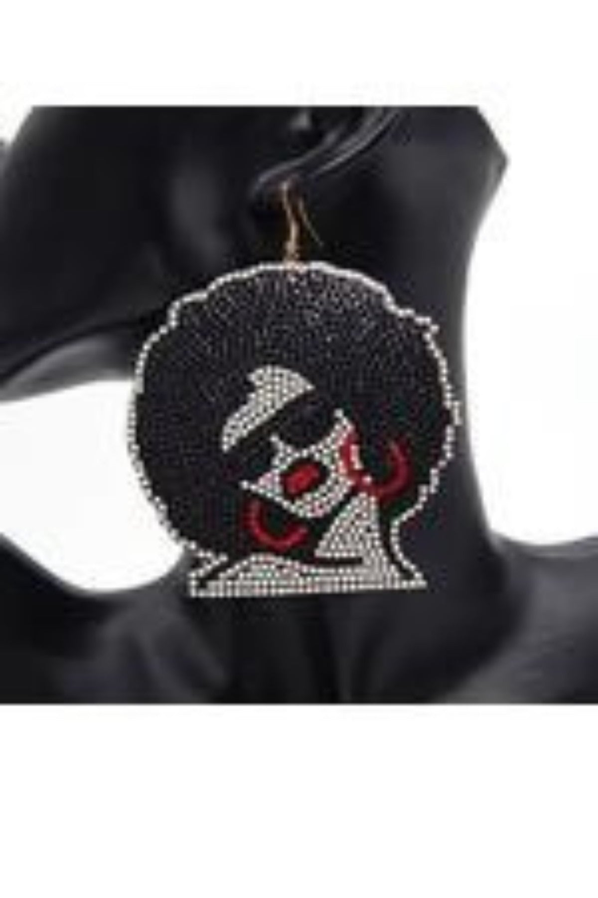 Earring Afro Lady Rhinestone featuring a 3-inch diameter and fish hook design, adorned with sparkling rhinestones.