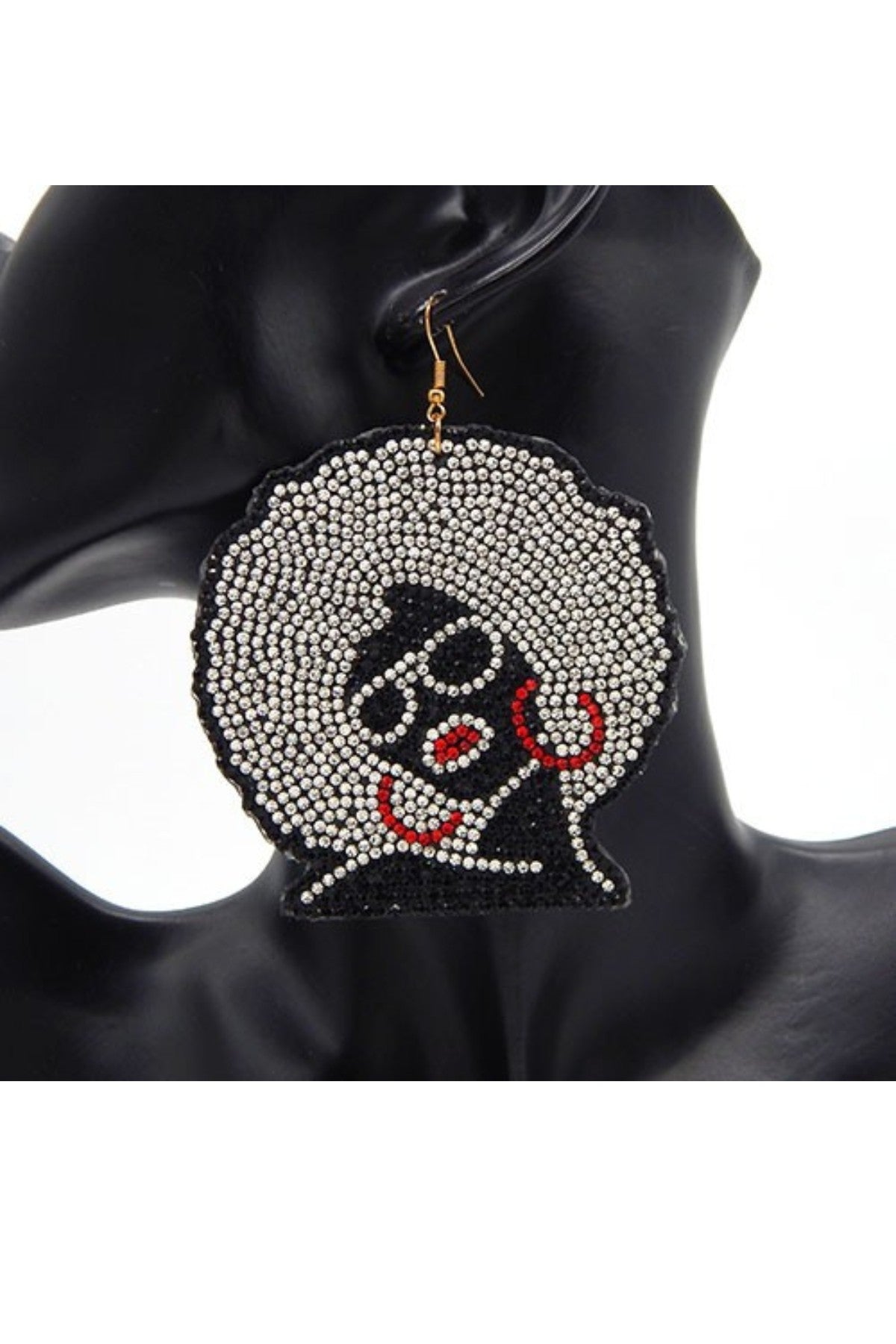 Earring Afro Lady Rhinestone featuring a 3-inch diameter and fish hook design, adorned with sparkling rhinestones.