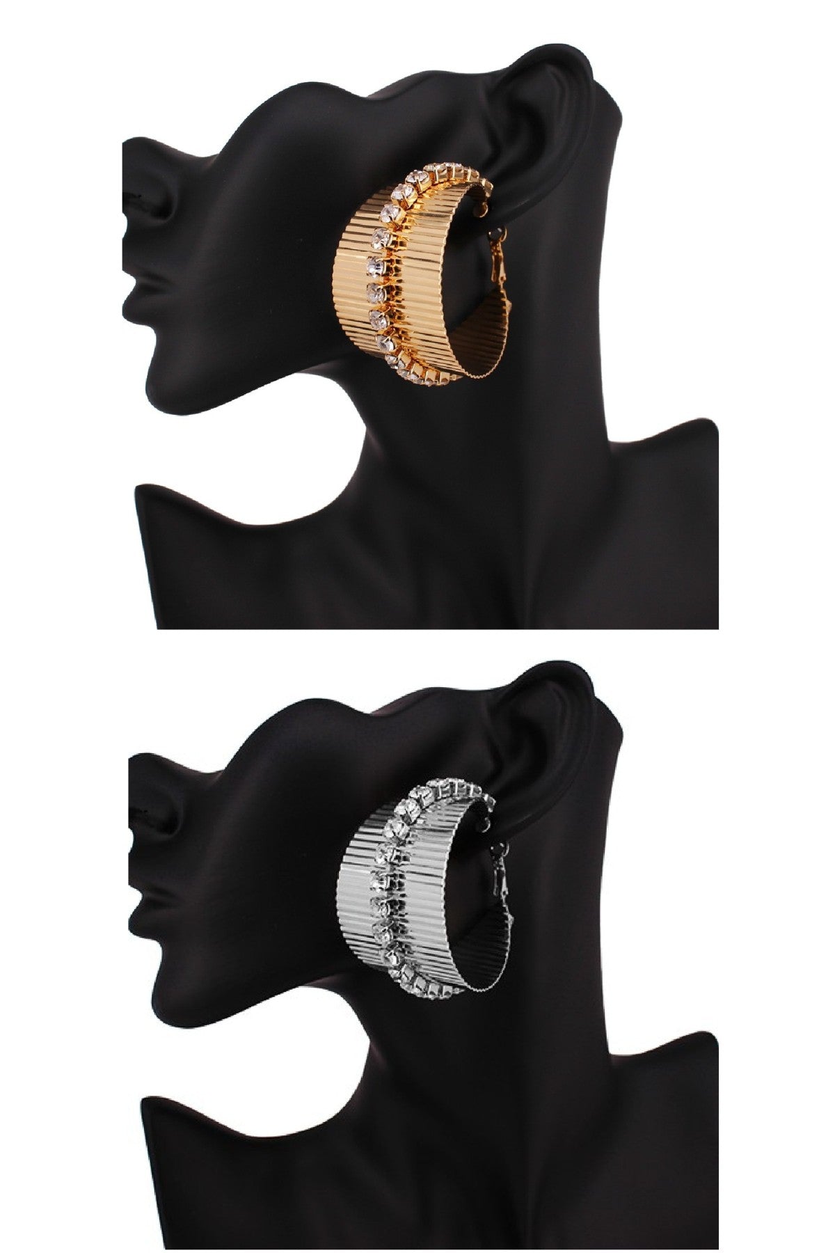 Stylish metal hoop earrings with a stripe pattern and sparkling crystals, showcasing a modern design.