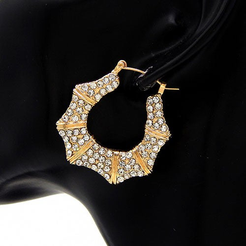 Elegant rhinestone bamboo shape hoop earrings with lever back closure, showcasing sparkling details.