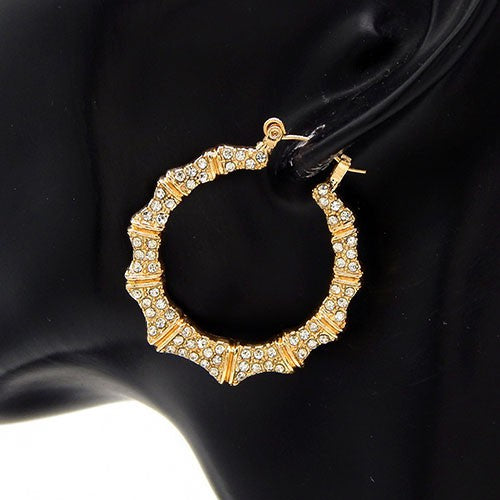 Elegant rhinestone bamboo shape hoop earrings with latch back closure, showcasing a unique design and sparkling embellishments.