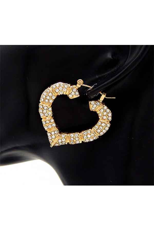 Elegant rhinestone heart bamboo shape hoop earrings with latch back closure, showcasing a unique design and sparkling rhinestones.