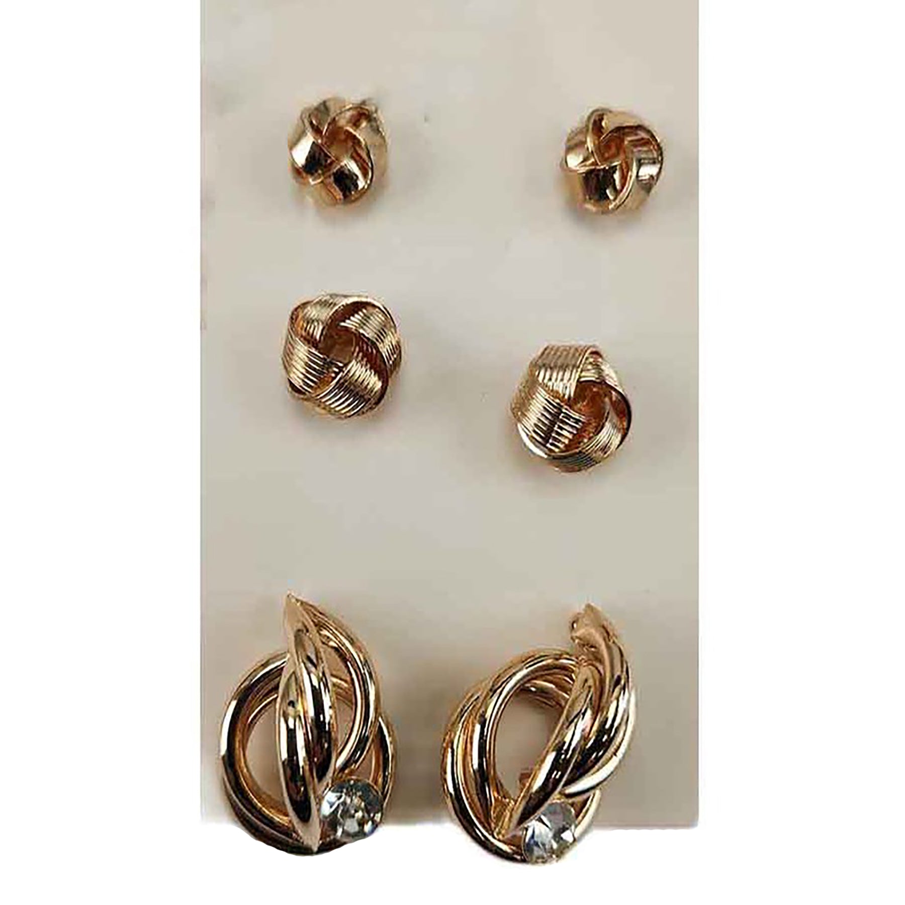 A stylish set of three pairs of flat metal earrings with stones, showcasing a modern design suitable for various occasions.