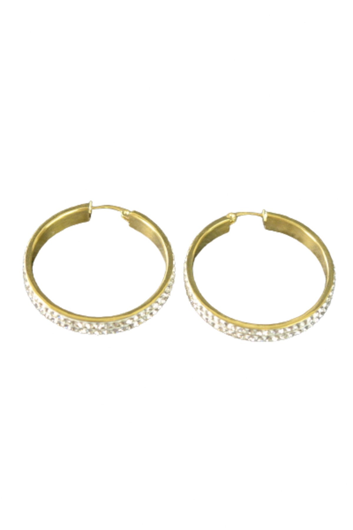 Two Lines Studded Circle Earrings made of stainless steel with crystal accents, showcasing a double plated design and a drop length of 1 1/2 inches.