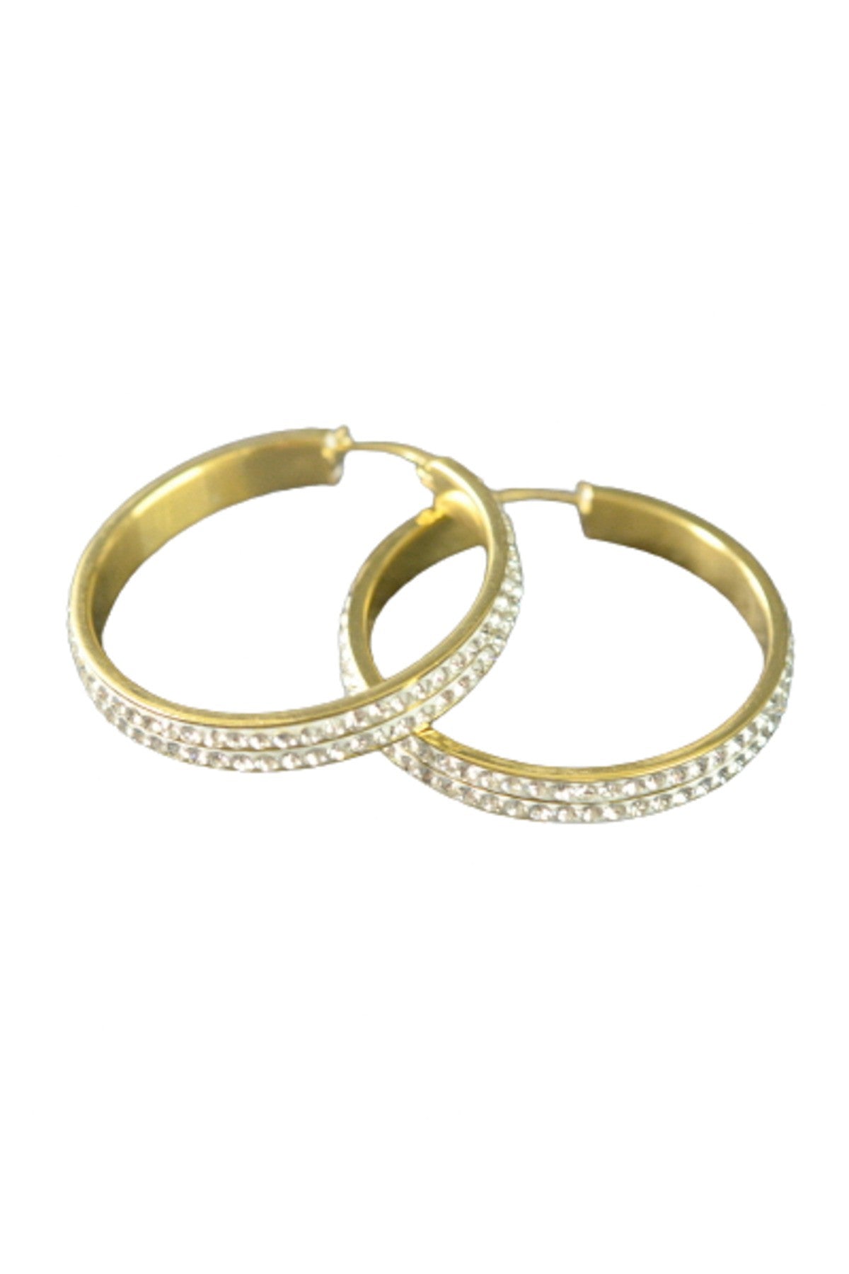 Two Lines Studded Circle Earrings made of stainless steel with crystal accents, showcasing a double plated design and a drop length of 1 1/2 inches.