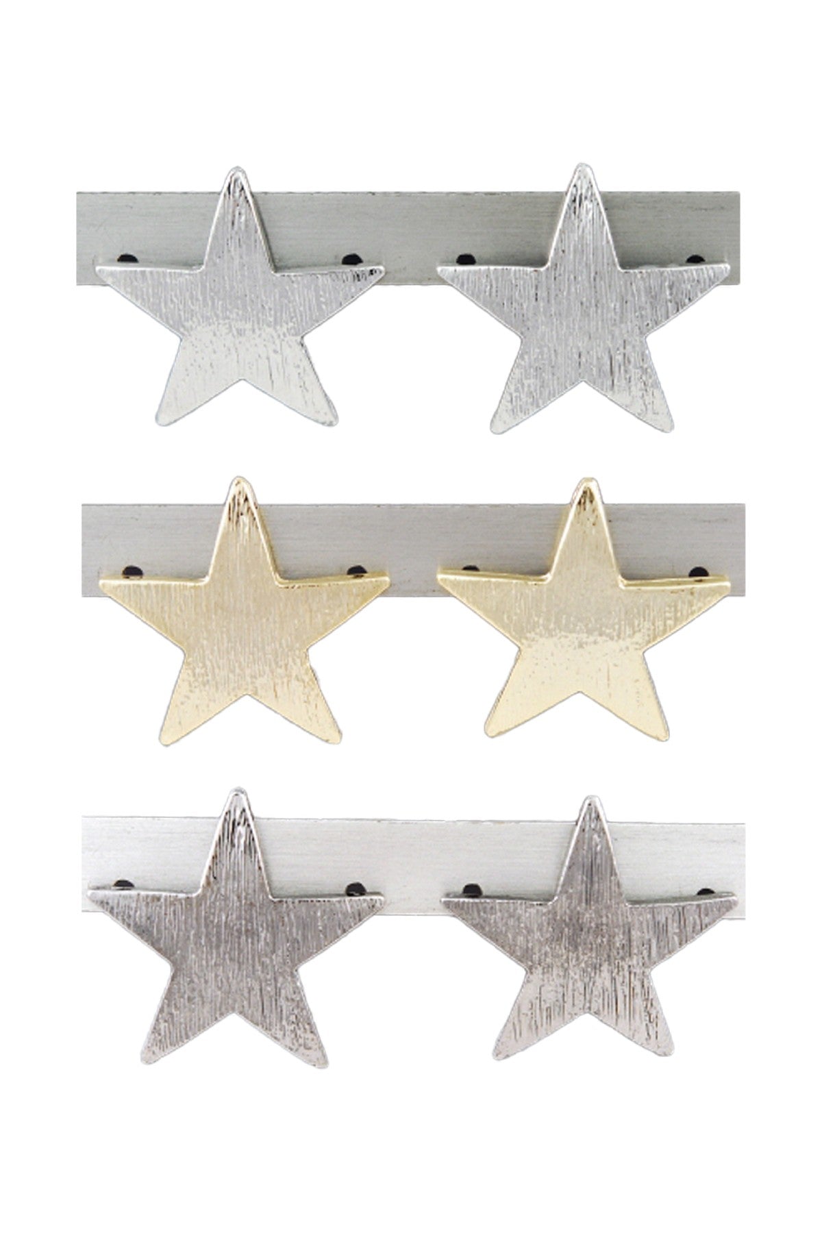 Textured metal star earrings with a double plated finish, featuring a secure post back closure and a 1-inch drop length.