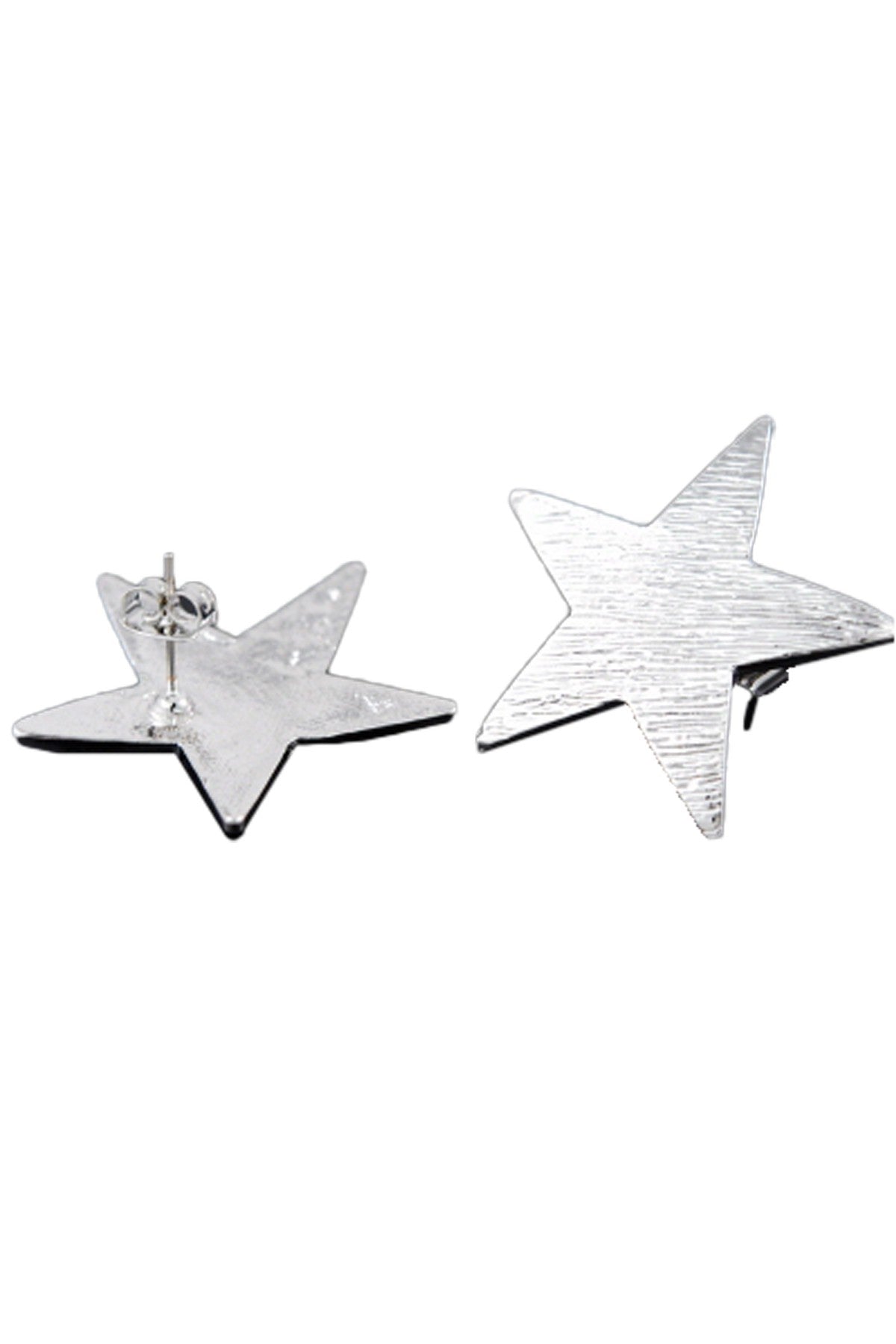 Textured metal star earrings with a double plated finish, featuring a secure post back closure and a 1-inch drop length.