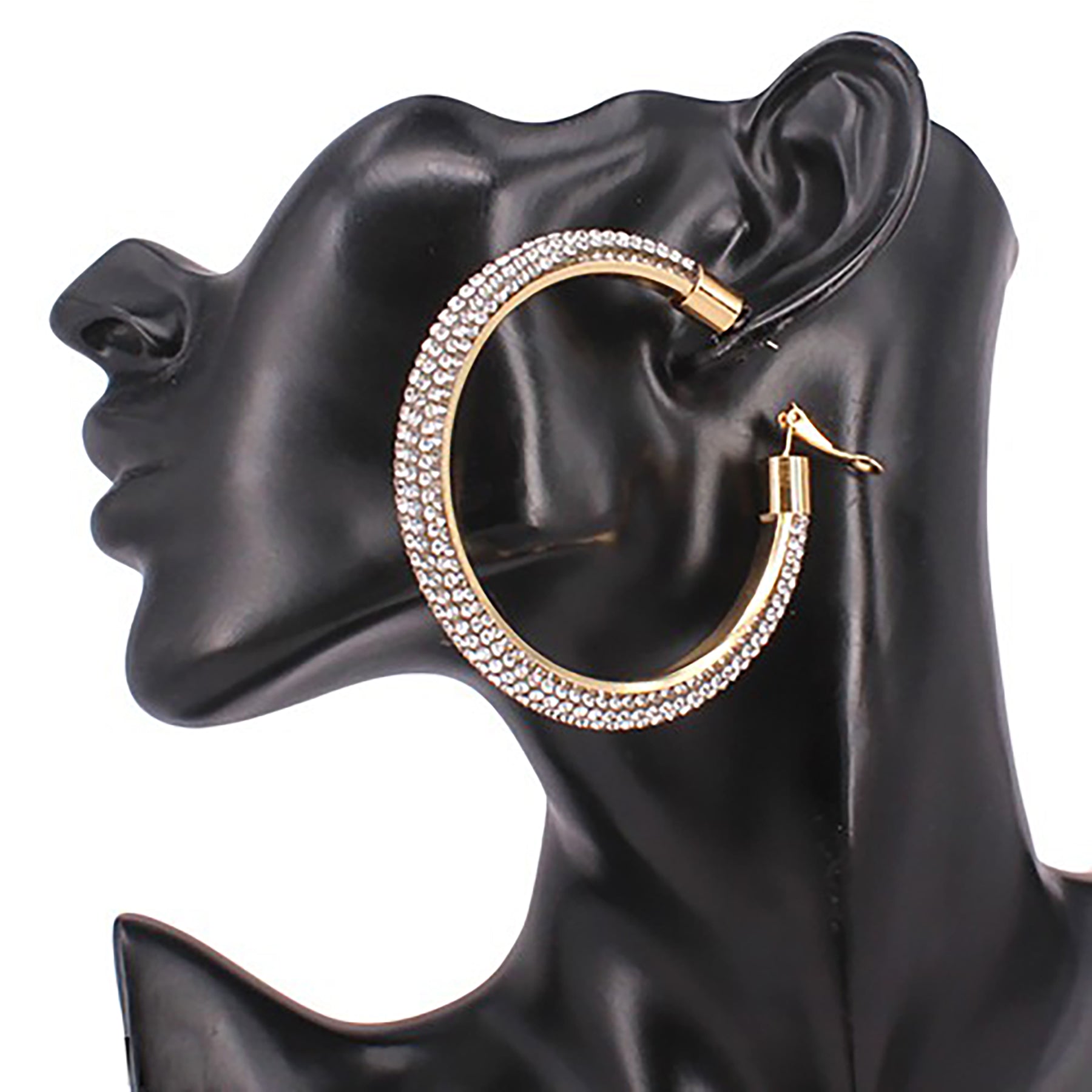 Elegant 60mm hoop earrings adorned with rhinestone pave, featuring a secure lever back closure for comfort and style.