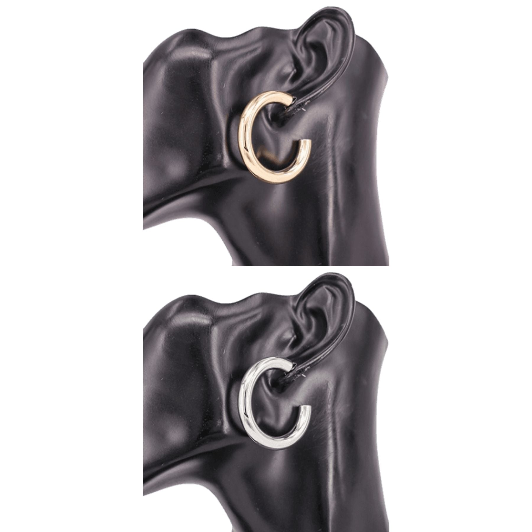 Elegant shiny metal hoop earrings with a 1.5 inch diameter, featuring a secure post back design.