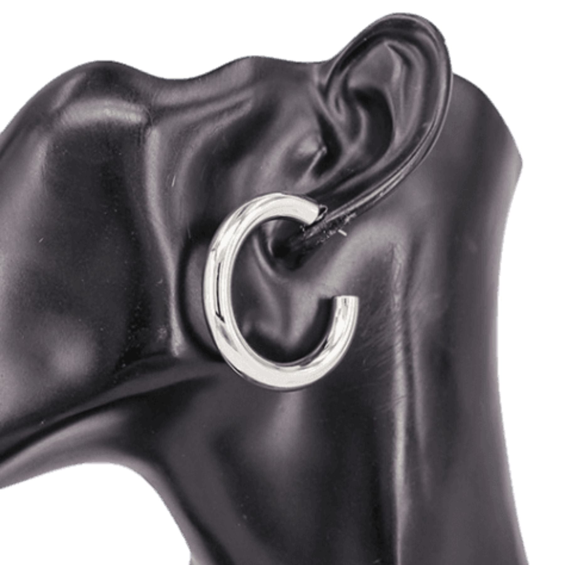 Elegant shiny metal hoop earrings with a 1.5 inch diameter, featuring a secure post back design.