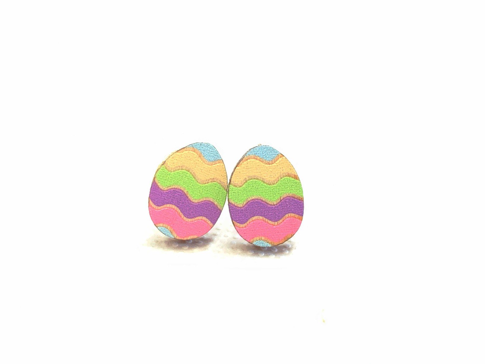 Colorful Easter Egg Stud Earrings made from lightweight laser-cut wood with a silver plated brass earstud.