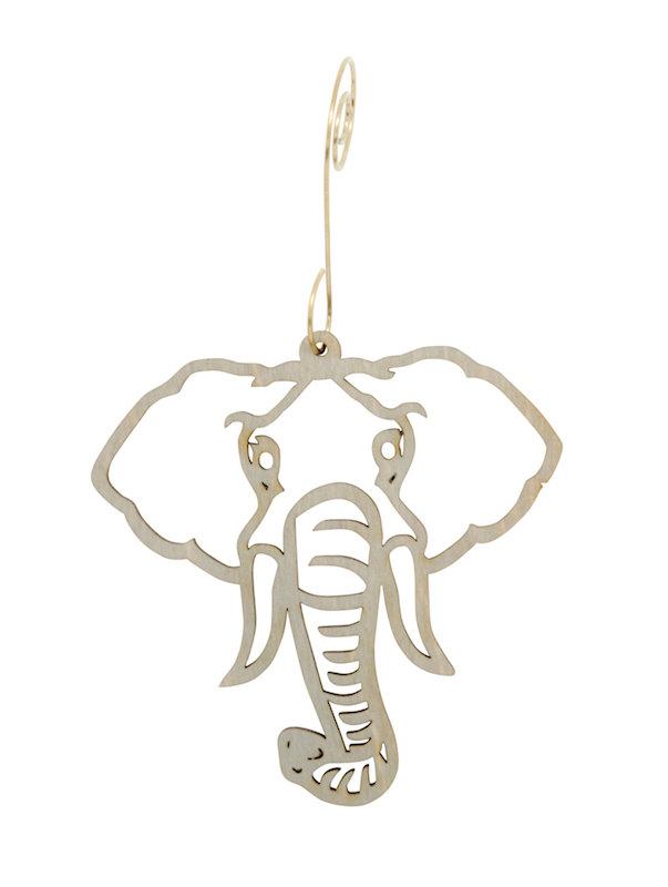 Elephant Ornament #9929 made from eco-friendly birch wood, featuring intricate laser-cut details and a water-based stain.