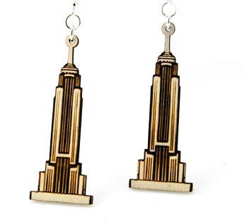 Empire State Building Earrings made from sustainably sourced wood, featuring intricate laser-cut design and hypoallergenic stainless steel ear wires.