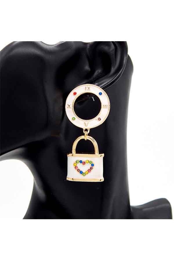 EEOXY Roman Stud 3D Lock Charm Dangling Earrings featuring a unique design and post back for secure fit.