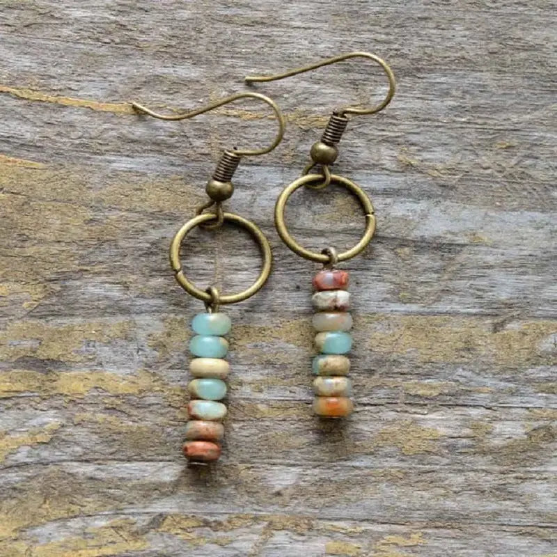 Handmade Ethnic Drop Jasper Earrings featuring vibrant patterns and bohemian style, crafted from natural jasper stones.