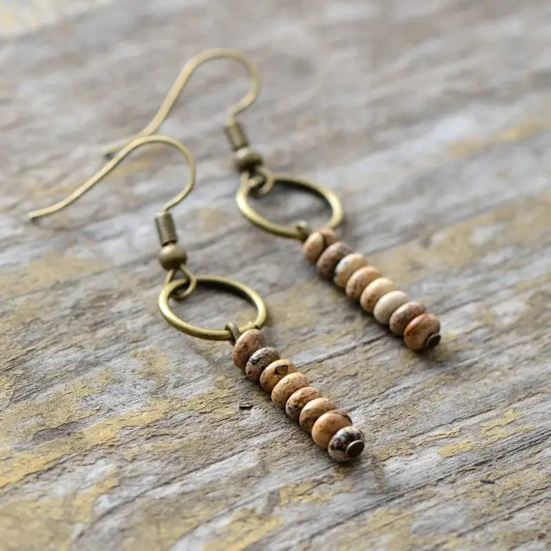 Handmade Ethnic Drop Jasper Earrings featuring vibrant patterns and bohemian style, crafted from natural jasper stones.