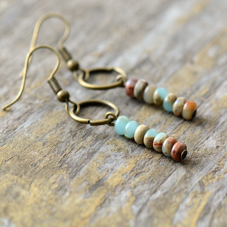 Handmade Ethnic Drop Jasper Earrings featuring vibrant patterns and bohemian style, crafted from natural jasper stones.