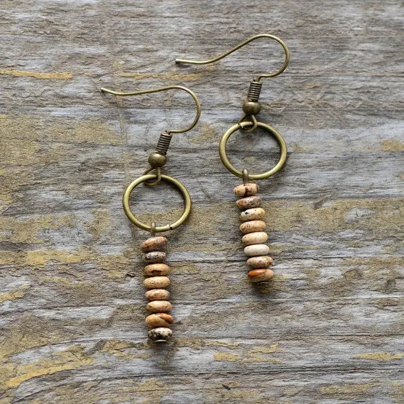 Handmade Ethnic Drop Jasper Earrings featuring vibrant patterns and bohemian style, crafted from natural jasper stones.