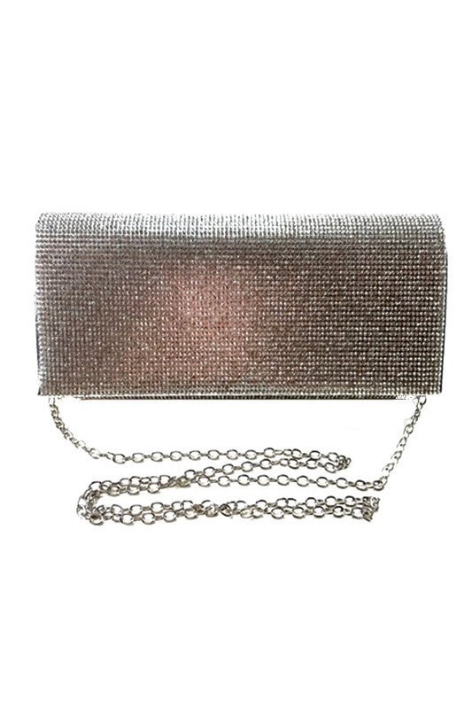 Elegant Evening Clutch with full crystal cover and detachable chain, featuring a magnetic closure and soft lining.