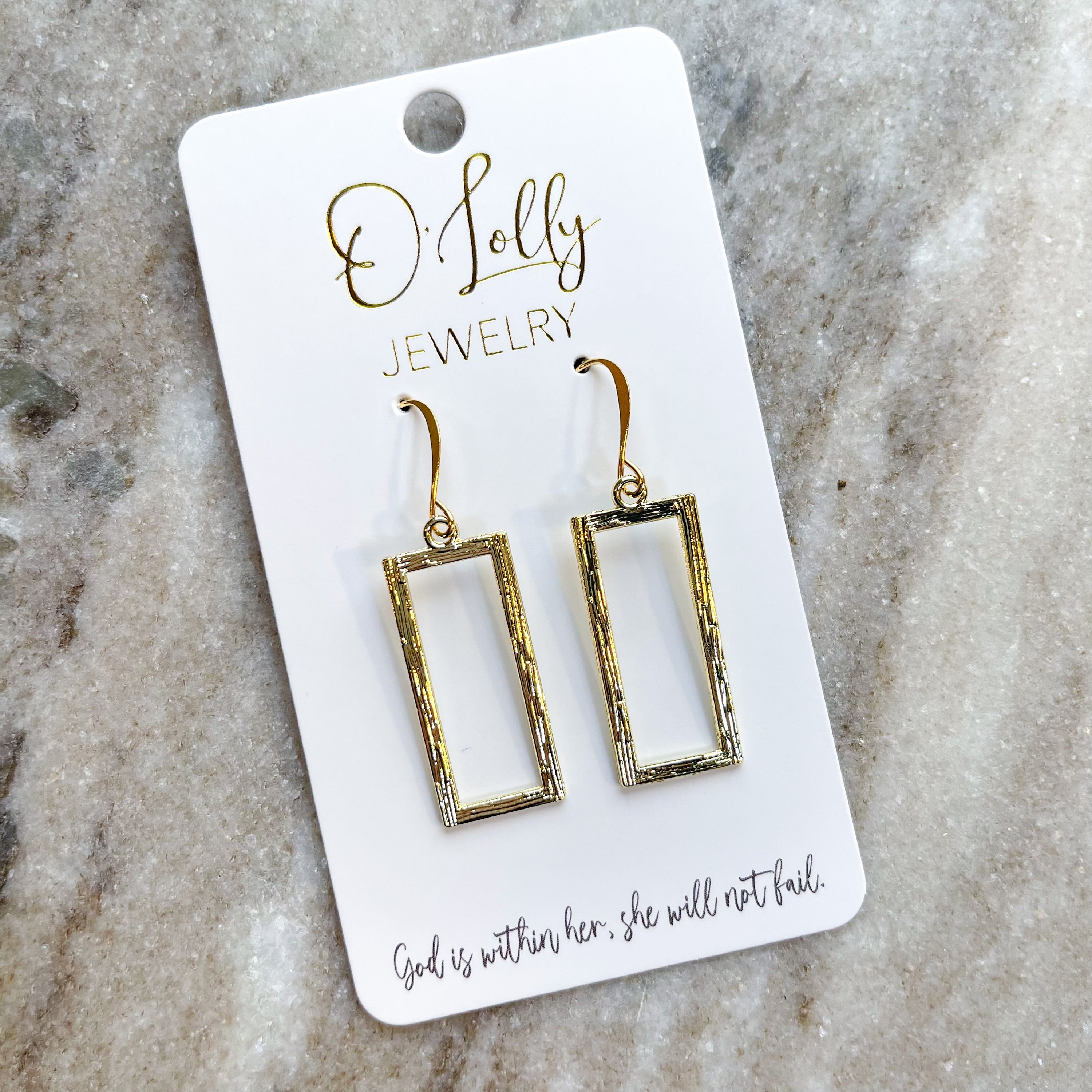 Everyday Gold Earrings Style 9 featuring textured rectangle dangles, approximately 2 inches long.