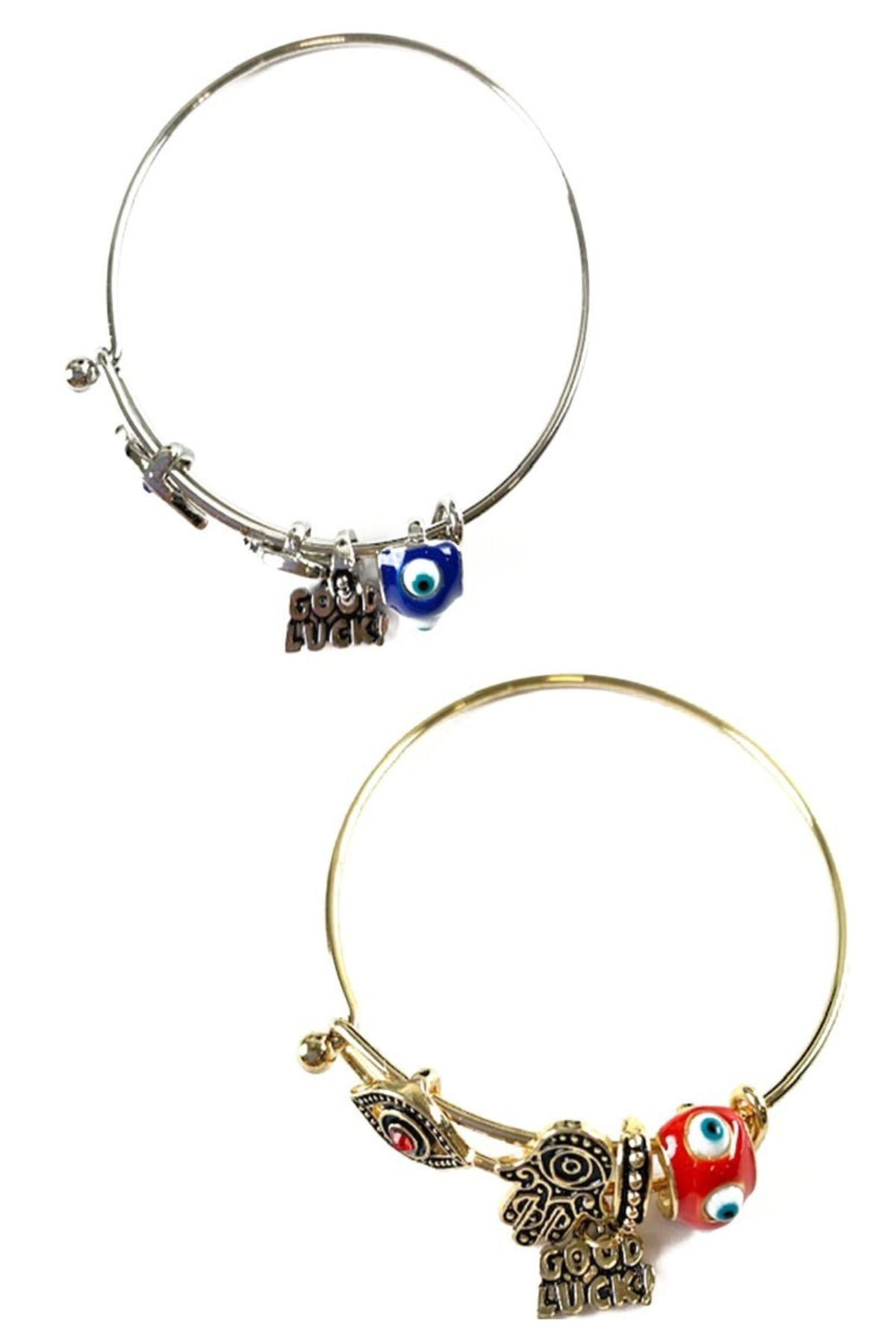 A stylish Evil Eye Charm Bracelet featuring a blue and white evil eye symbol, approximately 2.3 inches in diameter with a secure hook closure.