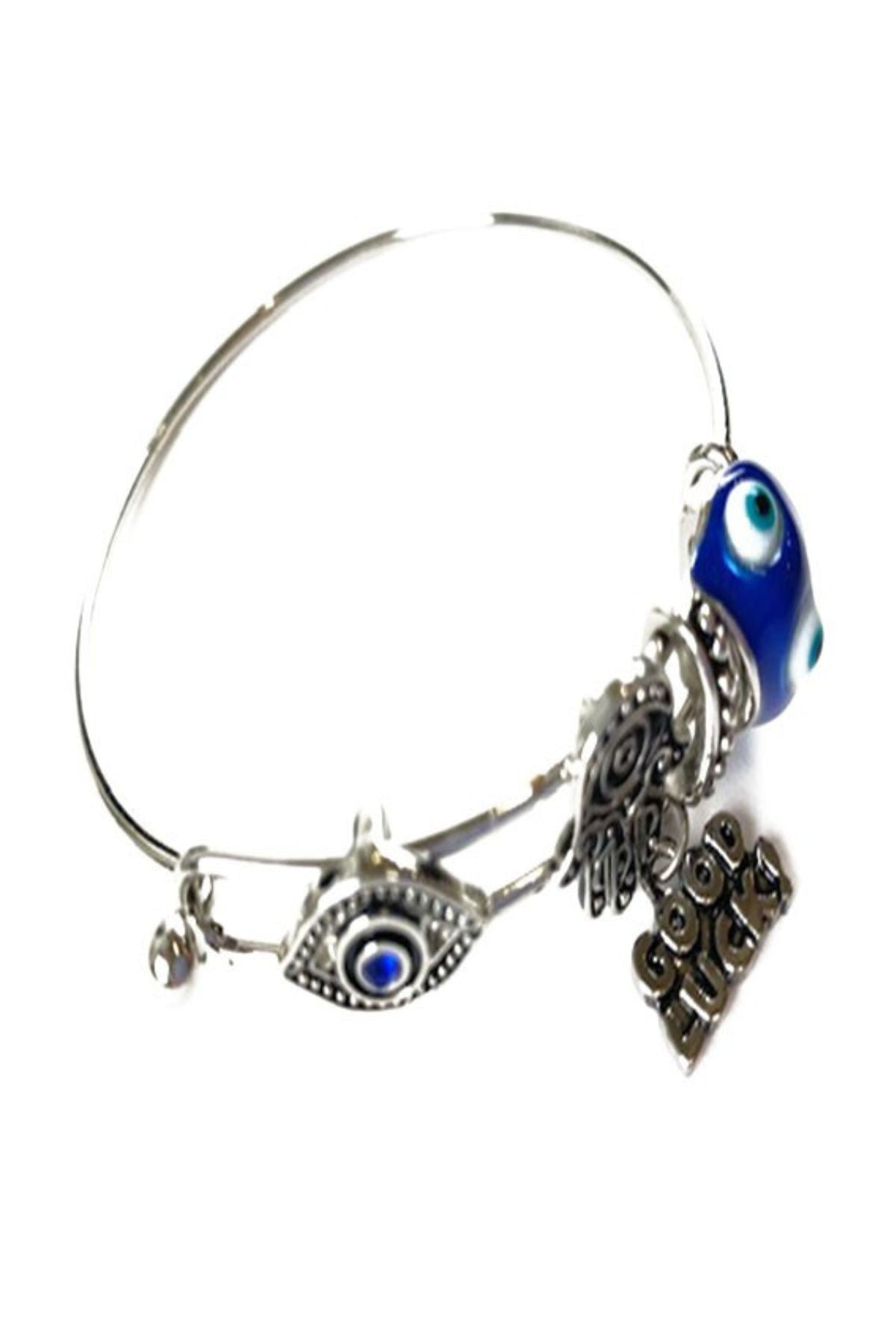 A stylish Evil Eye Charm Bracelet featuring a blue and white evil eye symbol, approximately 2.3 inches in diameter with a secure hook closure.