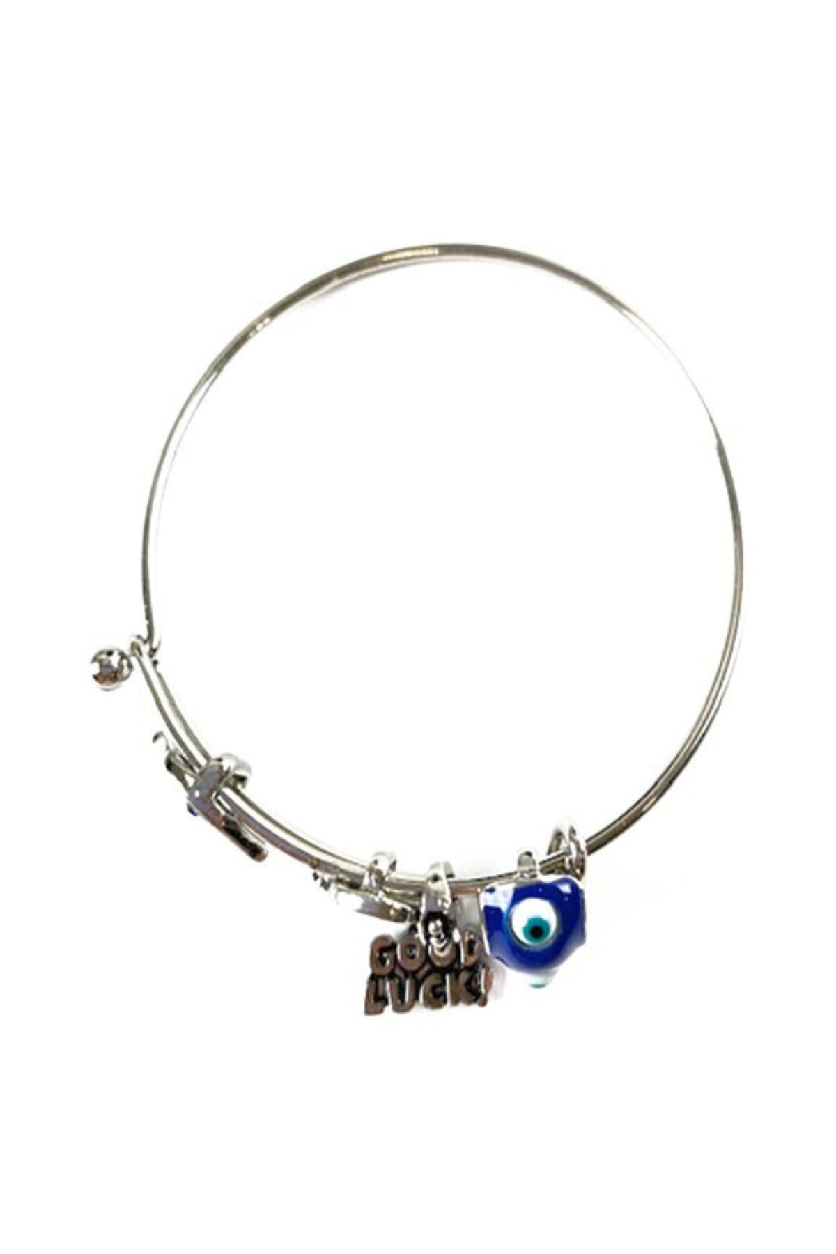 A stylish Evil Eye Charm Bracelet featuring a blue and white evil eye symbol, approximately 2.3 inches in diameter with a secure hook closure.