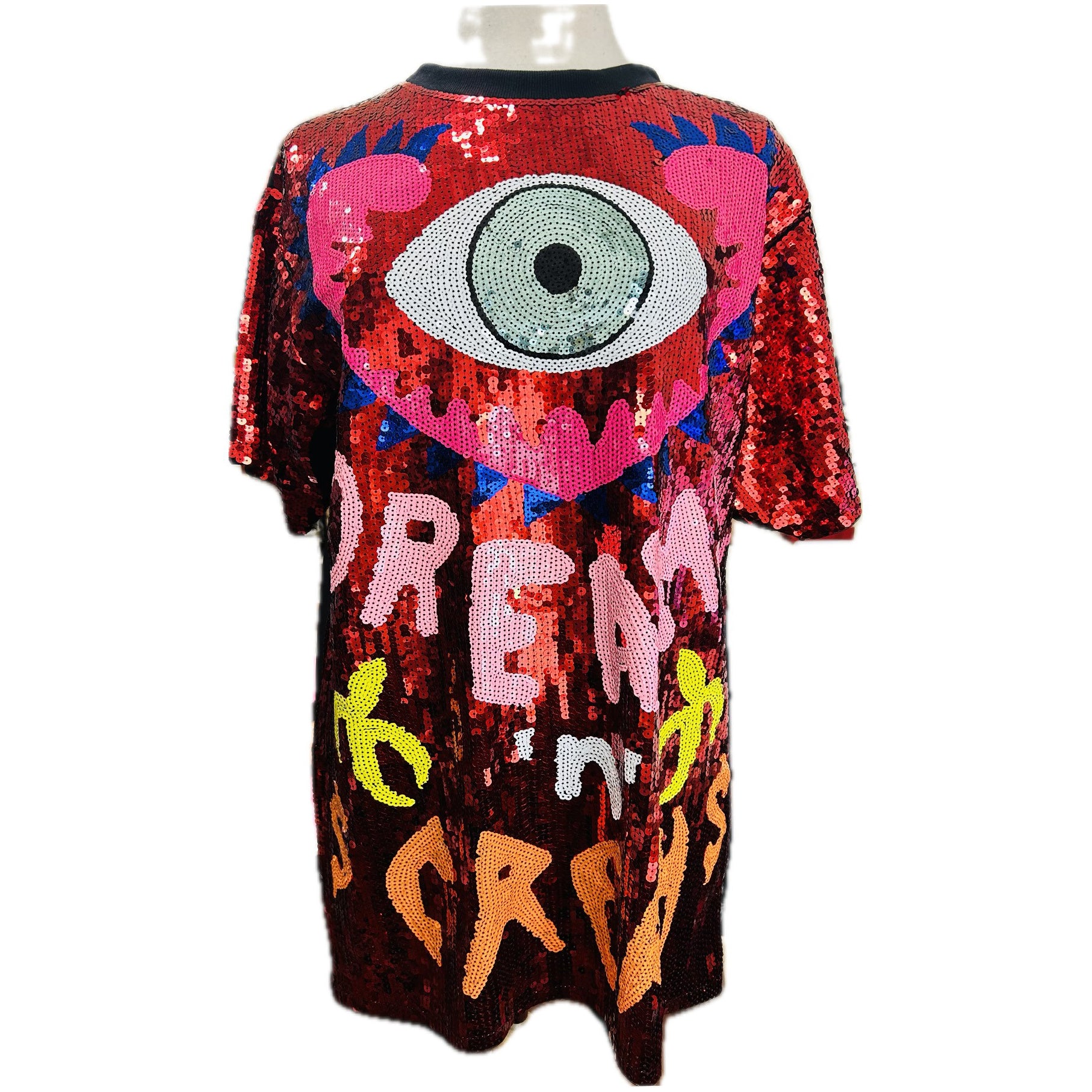 Evil Eye Sequins Short Sleeve Dress featuring a unique sequin design, short sleeves, and a stylish silhouette, perfect for evening wear.