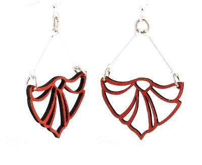 Fan Flame Earrings #1492 made from sustainably sourced wood, featuring a vibrant cherry red color and silver-finished hypoallergenic ear wires.