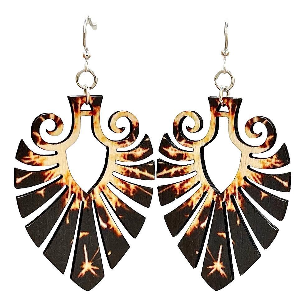 Fan the Spark Earrings made from sustainably sourced wood with a laser-cut design and silver-finished stainless steel ear wires.