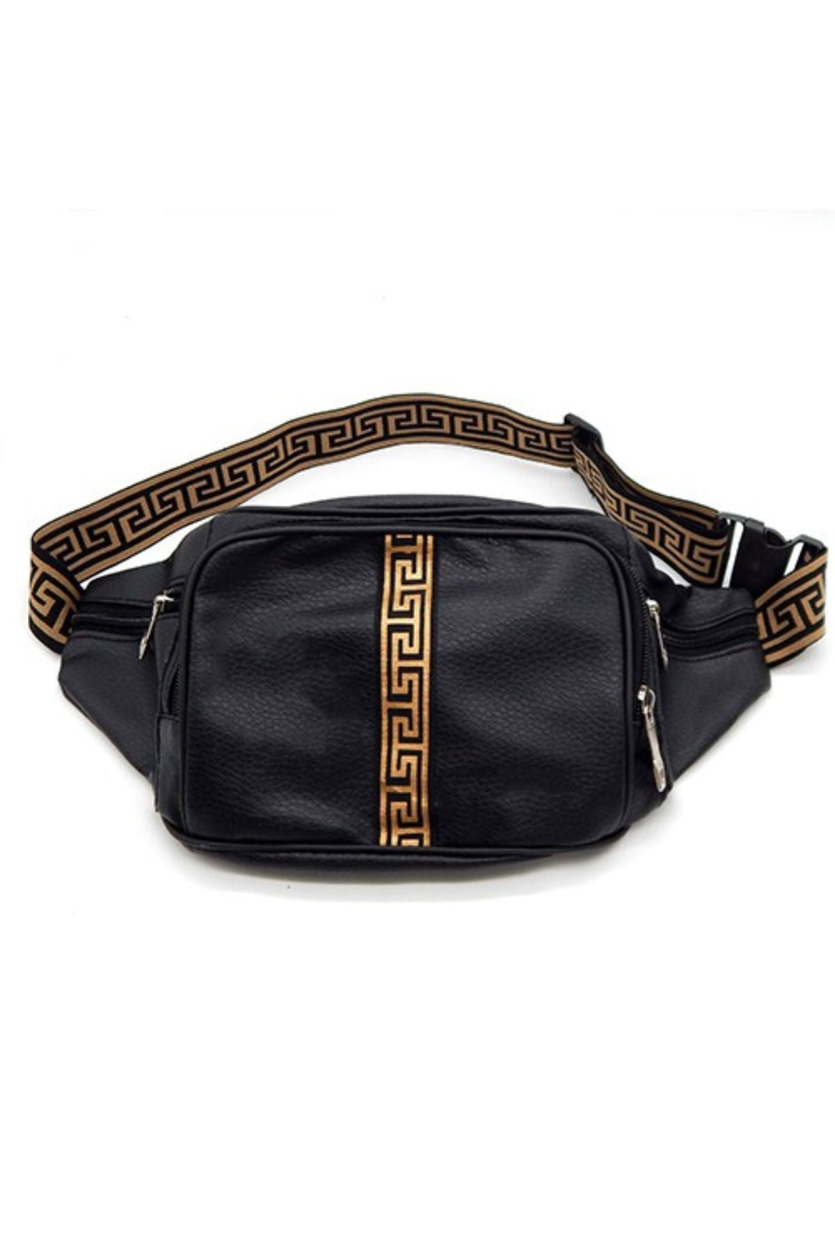 Fanny Pack Greek Key Accent in smooth PU leather with adjustable strap and multiple pockets.