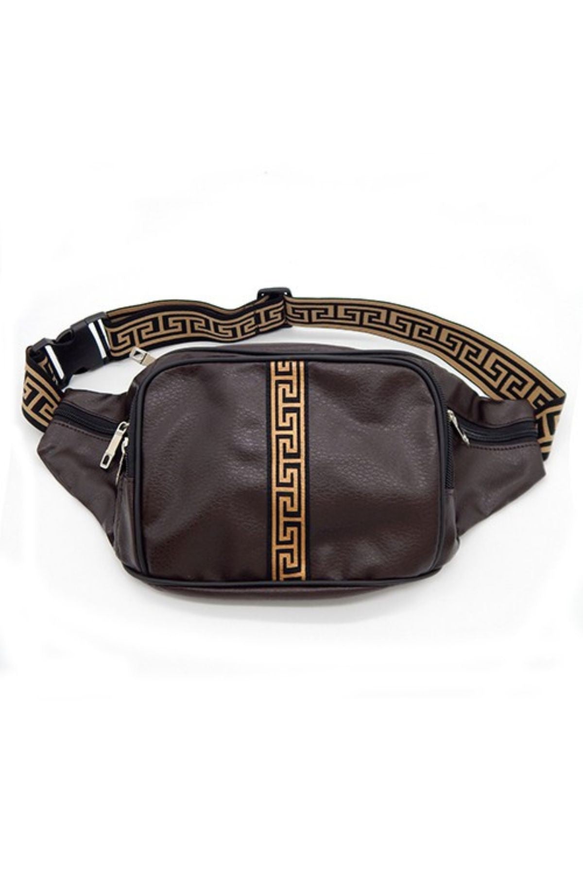 Fanny Pack Greek Key Accent in smooth PU leather with adjustable strap and multiple pockets.