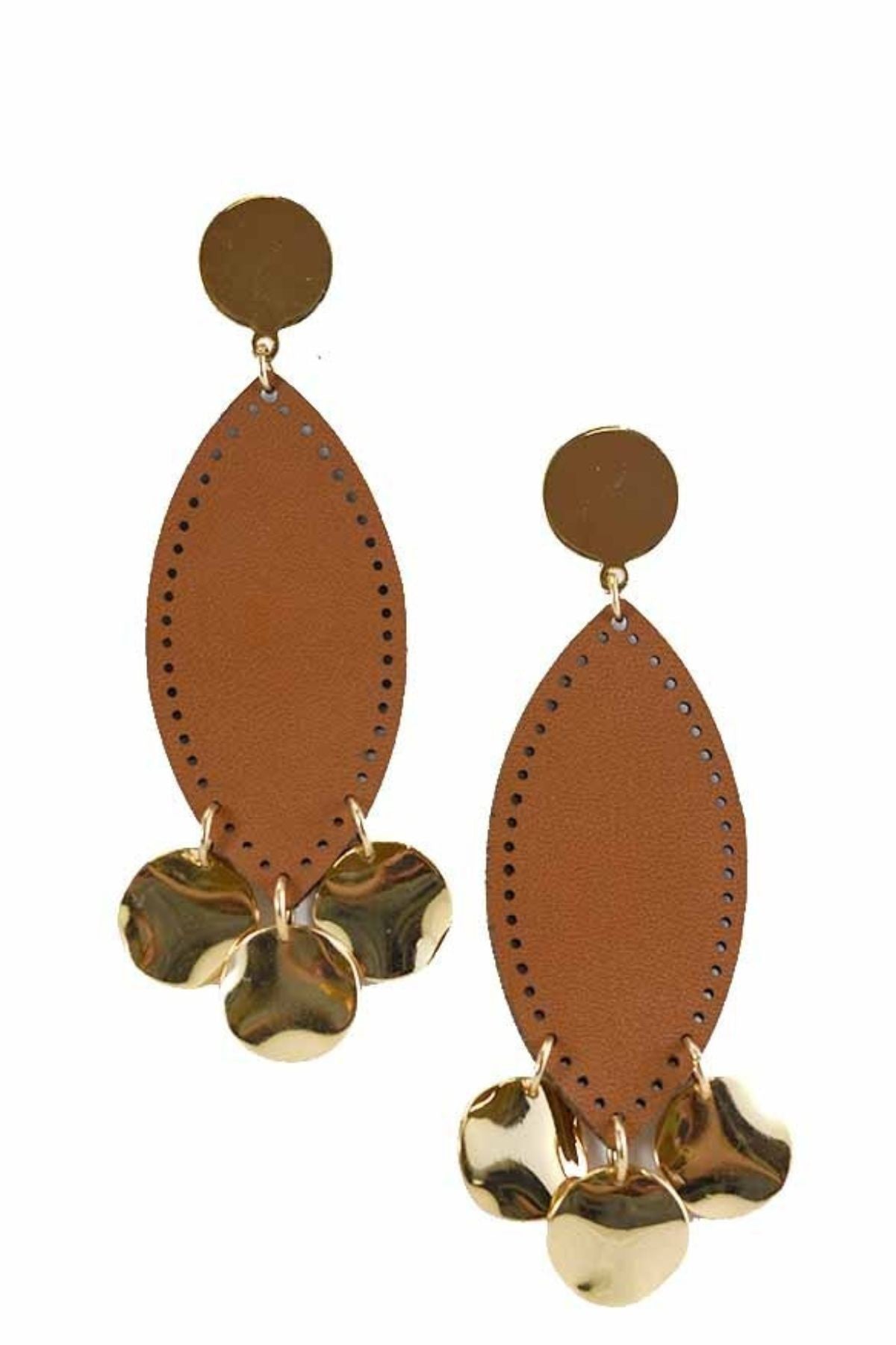 Stylish faux leather oval and disk dangle earrings with a 4-inch drop length.