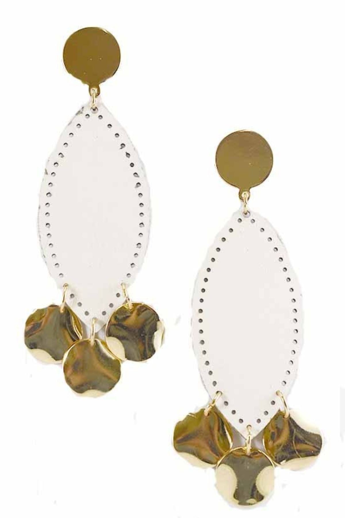 Stylish faux leather oval and disk dangle earrings with a 4-inch drop length.