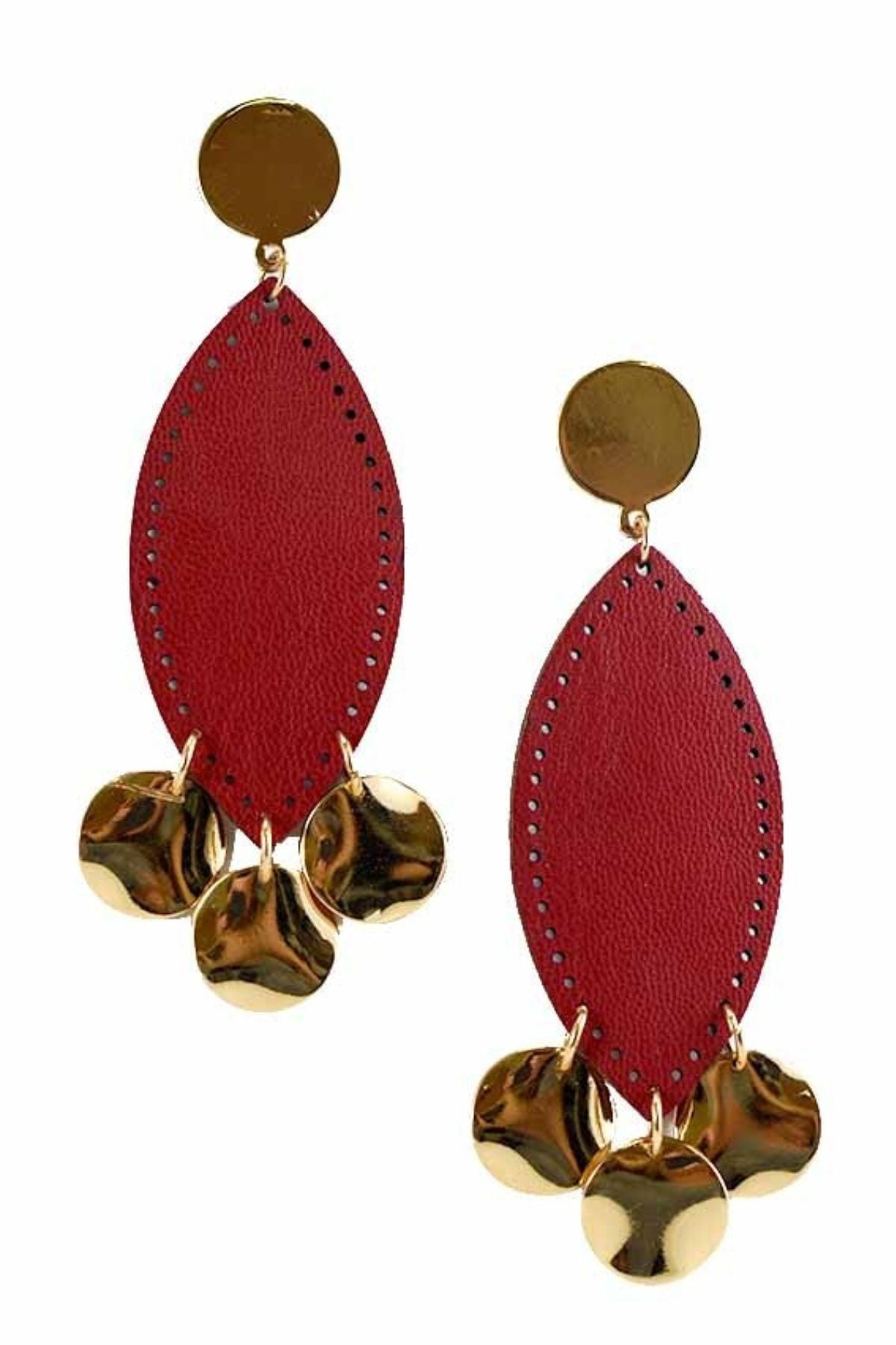 Stylish faux leather oval and disk dangle earrings with a 4-inch drop length.