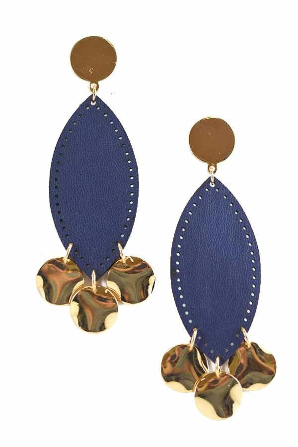 Stylish faux leather oval and disk dangle earrings with a 4-inch drop length.