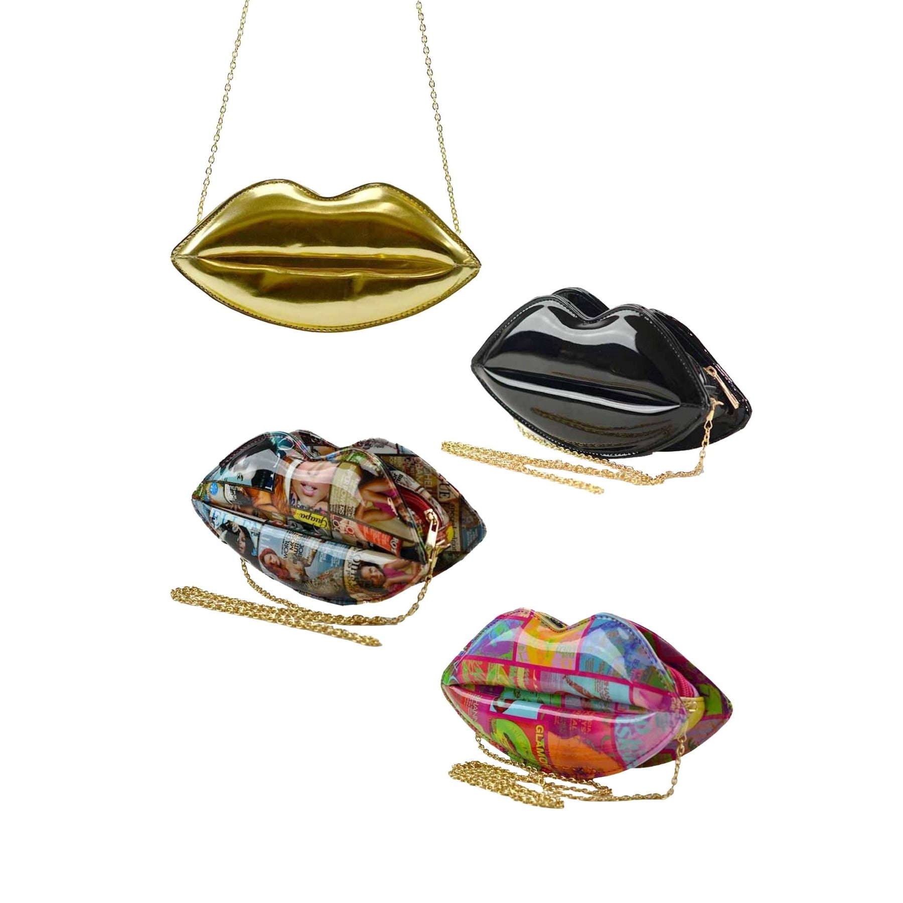 Faux Leather LIPS CLUTCH featuring a unique lips design, zipper closure, and a stylish chain strap.